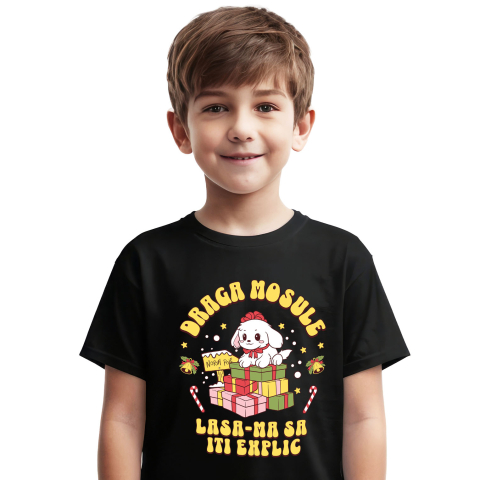 Tricou Femei, Barbati, Copii, Fata, Baiat, Unisex Personalizat Câine Fericit Lângă Turn de Cadouri – „Draga Moșule, Lasă-mă să Îți Explic”