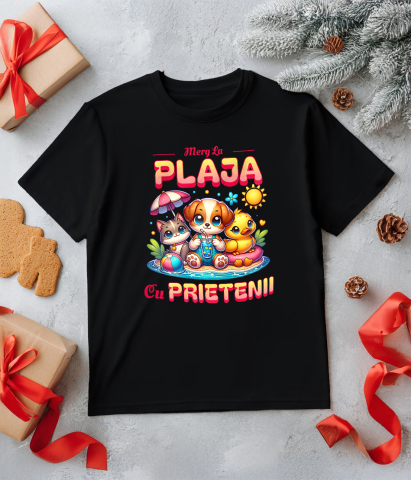 Tricou Femei, Barbati, Copii, Fata, Baiat, Unisex Personalizat Câine, Pisică și Rață cu Colac pe Plajă – Cadou Personalizat pentru Copii și Familie [4]
