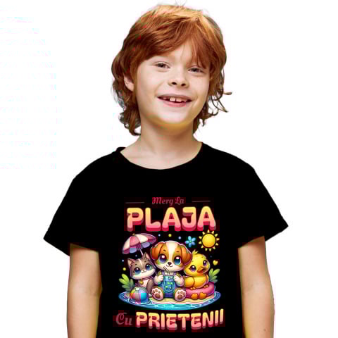 COPII - Tricou Femei, Barbati, Copii, Fata, Baiat, Unisex Personalizat Câine, Pisică și Rață cu Colac pe Plajă – Cadou Personalizat pentru Copii și Familie