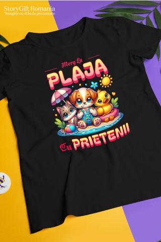Tricou Femei, Barbati, Copii, Fata, Baiat, Unisex Personalizat Câine, Pisică și Rață cu Colac pe Plajă – Cadou Personalizat pentru Copii și Familie [2]