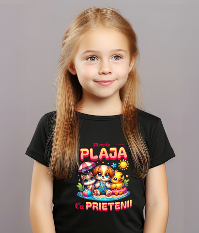 Tricou Femei, Barbati, Copii, Fata, Baiat, Unisex Personalizat Câine, Pisică și Rață cu Colac pe Plajă – Cadou Personalizat pentru Copii și Familie [2]