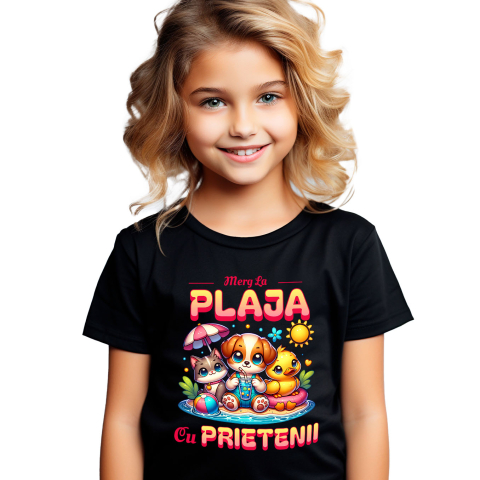 Copii - Tricou Femei, Barbati, Copii, Fata, Baiat, Unisex Personalizat Câine, Pisică și Rață cu Colac pe Plajă – Cadou Personalizat pentru Copii și Familie