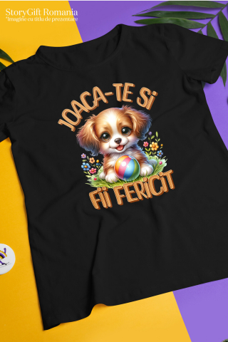 Tricou Femei, Barbati, Copii, Fata, Baiat, Unisex Personalizat Câine Pui Vesel cu Minge Colorată - Cadou Personalizat pentru Copii și Familie [2]