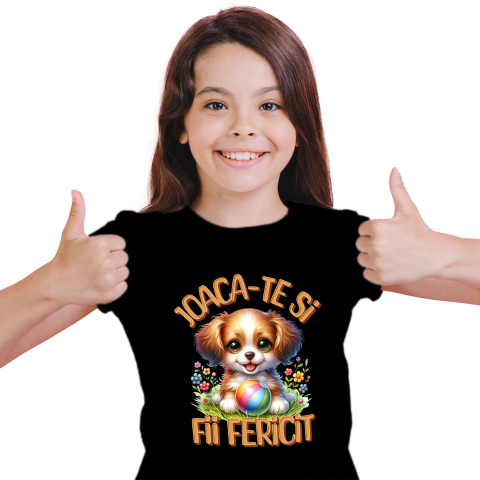 Tricou Femei, Barbati, Copii, Fata, Baiat, Unisex Personalizat Câine Pui Vesel cu Minge Colorată - Cadou Personalizat pentru Copii și Familie [1]