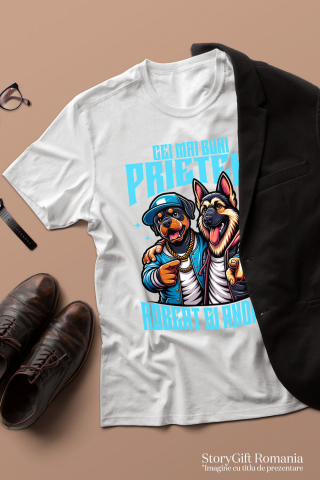 Tricou Femei, Barbati, Copii, Fata, Baiat, Unisex Personalizat "Câine Rottweiler și Ciobanesc German Imbrățișare - Cei Mai Buni Prieteni Robert și Andrei" [2]