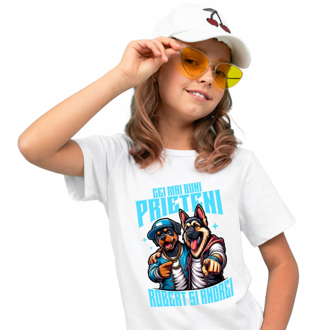 PRIETENI - Tricou Femei, Barbati, Copii, Fata, Baiat, Unisex Personalizat "Câine Rottweiler și Ciobanesc German Imbrățișare - Cei Mai Buni Prieteni Robert și Andrei"