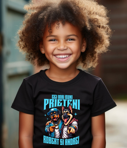 Tricou Femei, Barbati, Copii, Fata, Baiat, Unisex Personalizat "Câine Rottweiler și Ciobanesc German Imbrățișare - Cei Mai Buni Prieteni Robert și Andrei" [3]