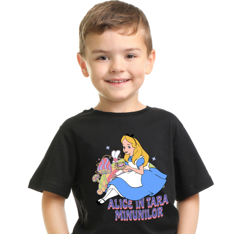 Tricou Copii cu Calatoria Magica a lui Alice in Taramul Viselor 100% Bumbac, Negru, 4 Ani [1]