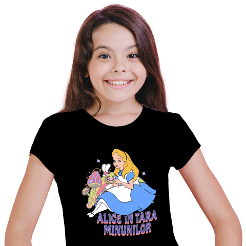 Tricouri - Tricou Copii cu Calatoria Magica a lui Alice in Taramul Viselor 100% Bumbac, Negru, 4 Ani