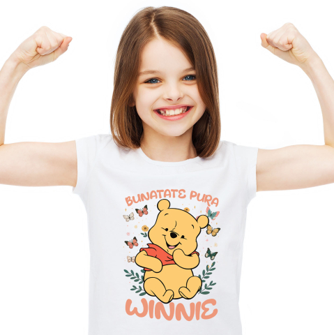 Desene Animate - Tricou Copii cu Când fluturii danseaza, Winnie zambeste 100% Bumbac, Alb, 4 Ani