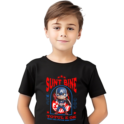 Amuzante - Tricou Copii cu Capitanul America, Ok, Sarcastic, Nervos, Iritat 100% Bumbac, Negru, 10 Ani
