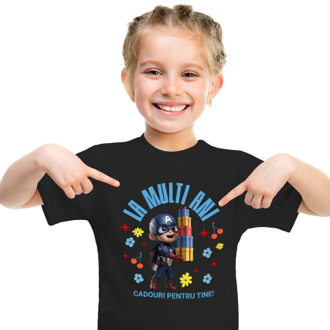 Tricou Copii cu Captain America - Cadouri Care Inspira la Ziua Ta 100% Bumbac, Negru, 6 Ani [1]
