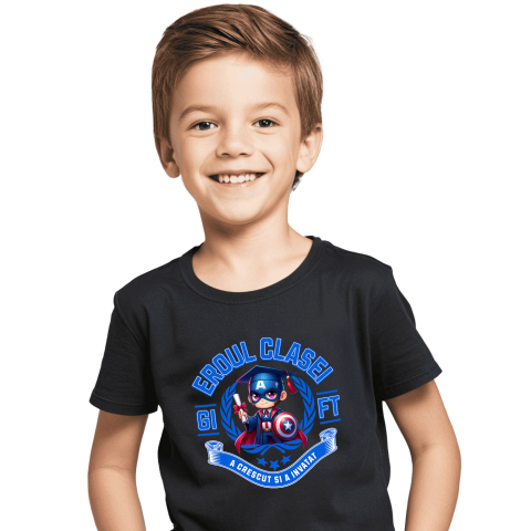 Educatie - Tricou Copii cu Captain America – Campion Prin Curaj Si Invatare 100% Bumbac, Negru, 10 Ani
