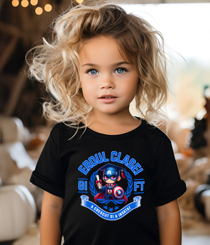 Tricou Copii cu Captain America – Campion Prin Curaj Si Invatare 100% Bumbac, Negru, 10 Ani [3]