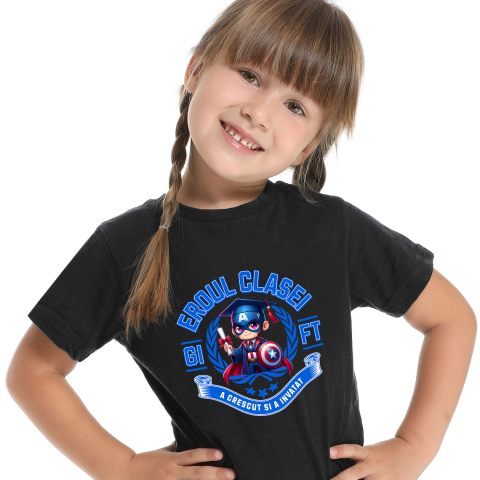 Tricou Copii cu Captain America – Campion Prin Curaj Si Invatare 100% Bumbac, Negru, 10 Ani [1]