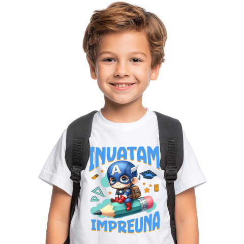 Educatie - Tricou Copii cu Captain America – Crestem Impreuna In Lumea Eroilor 100% Bumbac, Alb, 6 Ani