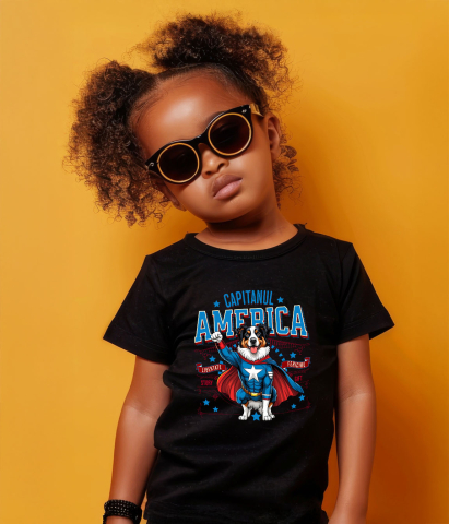 Tricou Femei, Barbati, Copii, Fata, Baiat, Unisex Personalizat Australian Shepherd în Costum de Captain America cu Pelerină - Cadou Personalizat pentru Copii și Iubitorii de Câini [3]