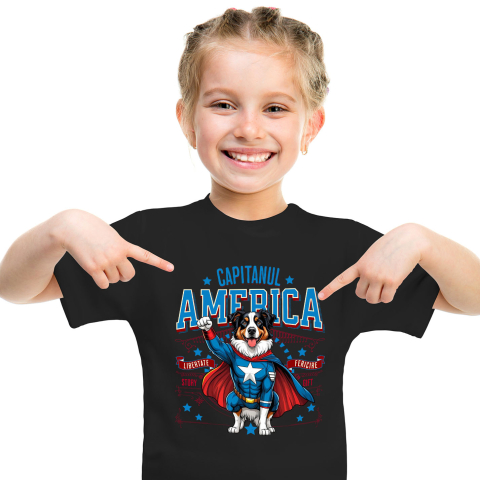 Tricou Femei, Barbati, Copii, Fata, Baiat, Unisex Personalizat Australian Shepherd în Costum de Captain America cu Pelerină - Cadou Personalizat pentru Copii și Iubitorii de Câini [1]