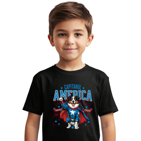 SuperEroi si Personaje TV - Tricou Femei, Barbati, Copii, Fata, Baiat, Unisex Personalizat Australian Shepherd în Costum de Captain America cu Pelerină - Cadou Personalizat pentru Copii și Iubitorii de Câini