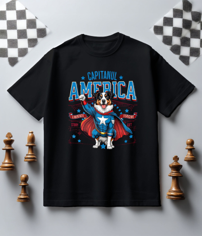 Tricou Femei, Barbati, Copii, Fata, Baiat, Unisex Personalizat Australian Shepherd în Costum de Captain America cu Pelerină - Cadou Personalizat pentru Copii și Iubitorii de Câini [4]