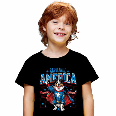 Cadouri Pentru Copii - Tricou Femei, Barbati, Copii, Fata, Baiat, Unisex Personalizat Australian Shepherd în Costum de Captain America cu Pelerină - Cadou Personalizat pentru Copii și Iubitorii de Câini