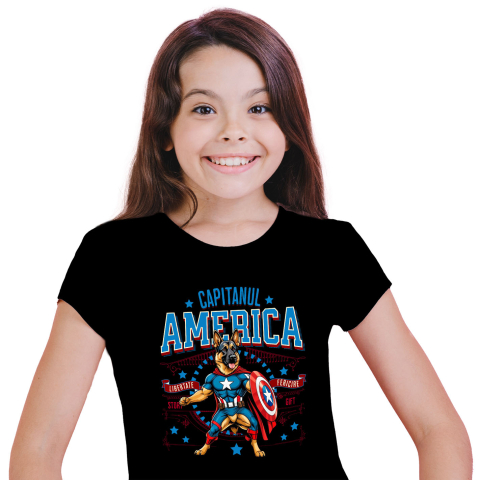 SuperEroi si Personaje TV - Tricou Femei, Barbati, Copii, Fata, Baiat, Unisex Personalizat Ciobănesc German în Costum Captain America cu Pelerină - Cadou Personalizat pentru Copii și Iubitorii de Câini