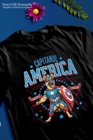 Tricou Femei, Barbati, Copii, Fata, Baiat, Unisex Personalizat Ciobănesc German în Costum Captain America cu Pelerină - Cadou Personalizat pentru Copii și Iubitorii de Câini [2]