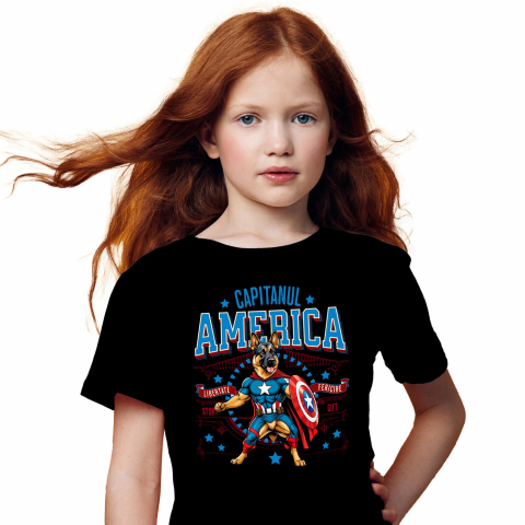 Tricou Femei, Barbati, Copii, Fata, Baiat, Unisex Personalizat Ciobănesc German în Costum Captain America cu Pelerină - Cadou Personalizat pentru Copii și Iubitorii de Câini [1]