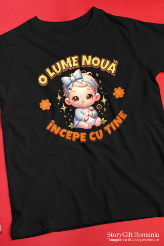 Tricou Femei, Barbati, Copii, Fata, Baiat, Unisex Personalizat Cadou Personalizat „O Lume Nouă Începe Cu Tine” | Fetiță Cu Funda [2]