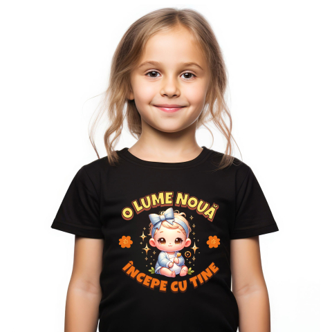 Tricou Femei, Barbati, Copii, Fata, Baiat, Unisex Personalizat Cadou Personalizat „O Lume Nouă Începe Cu Tine” | Fetiță Cu Funda [1]