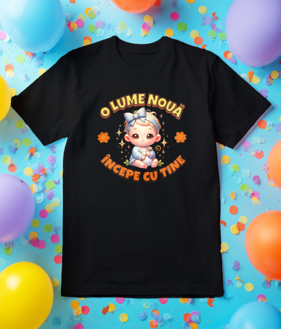 Tricou Femei, Barbati, Copii, Fata, Baiat, Unisex Personalizat Cadou Personalizat „O Lume Nouă Începe Cu Tine” | Fetiță Cu Funda [4]
