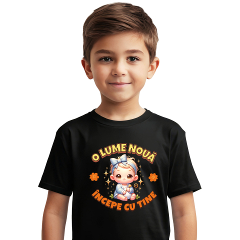 Familie - Tricou Femei, Barbati, Copii, Fata, Baiat, Unisex Personalizat Cadou Personalizat „O Lume Nouă Începe Cu Tine” | Fetiță Cu Funda