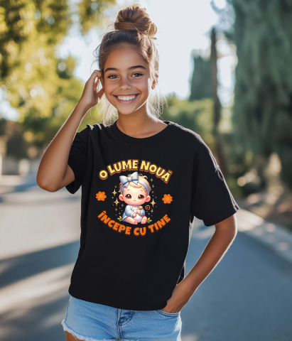 Tricou Femei, Barbati, Copii, Fata, Baiat, Unisex Personalizat Cadou Personalizat „O Lume Nouă Începe Cu Tine” | Fetiță Cu Funda [3]