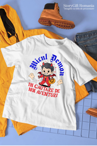Tricou Femei, Barbati, Copii, Fata, Baiat, Unisex Personalizat Copil Costumat în Diavol pentru Halloween | În Căutarea De Aventură | Cadou Personalizat pentru Copii [2]