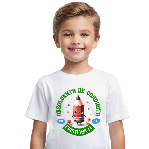 Tricou Femei, Barbati, Copii, Fata, Baiat, Unisex Personalizat Creion Ascuțit Vesel cu Flori Colorate și Text Personalizat „Absolvent de Grădiniță Cristiana M” - Cadou Educativ pentru Copii [1]