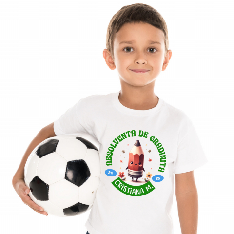 Tricou Femei, Barbati, Copii, Fata, Baiat, Unisex Personalizat Creion Ascuțit Vesel cu Flori Colorate și Text Personalizat „Absolvent de Grădiniță Cristiana M” - Cadou Educativ pentru Copii [1]