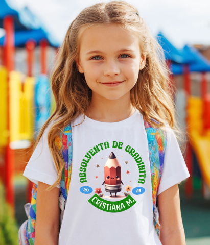 Tricou Femei, Barbati, Copii, Fata, Baiat, Unisex Personalizat Creion Ascuțit Vesel cu Flori Colorate și Text Personalizat „Absolvent de Grădiniță Cristiana M” - Cadou Educativ pentru Copii [2]