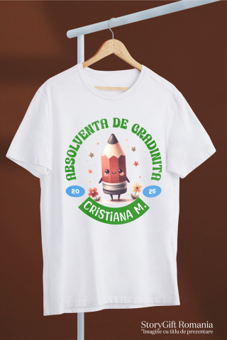 Tricou Femei, Barbati, Copii, Fata, Baiat, Unisex Personalizat Creion Ascuțit Vesel cu Flori Colorate și Text Personalizat „Absolvent de Grădiniță Cristiana M” - Cadou Educativ pentru Copii [2]