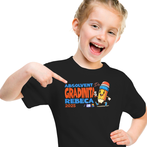 Tricou Femei, Barbati, Copii, Fata, Baiat, Unisex Personalizat Creion Vesel cu Semnul Păcii și Text Personalizat „Absolvent Grădiniță Rebeca” - Cadou Educațional pentru Copii [1]