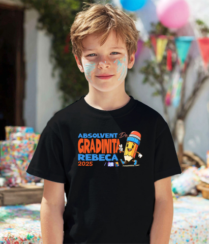 Tricou Femei, Barbati, Copii, Fata, Baiat, Unisex Personalizat Creion Vesel cu Semnul Păcii și Text Personalizat „Absolvent Grădiniță Rebeca” - Cadou Educațional pentru Copii [2]