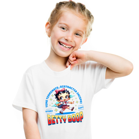 Educatie - Tricou Copii cu Cu Betty Boop, Invatarea E Vesela 100% Bumbac, Alb, 12 Ani