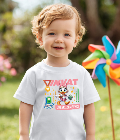 Tricou Copii cu Cu Daisy, Zambim Si Invatam Sa Fim Mai Buni 100% Bumbac, Alb, 6 Ani [3]