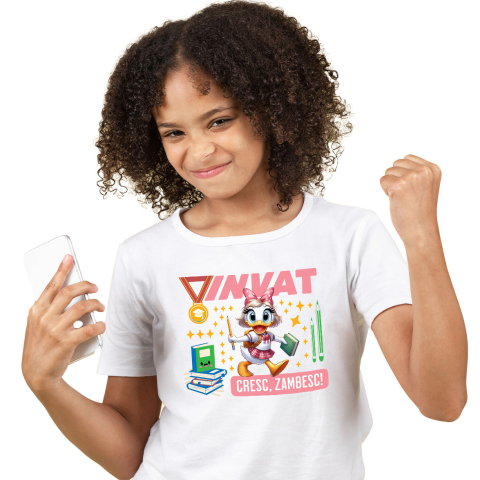 Educatie - Tricou Copii cu Cu Daisy, Zambim Si Invatam Sa Fim Mai Buni 100% Bumbac, Alb, 6 Ani