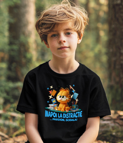 Tricou Copii cu Cu Garfield, Scoala Devine Amuzanta 100% Bumbac, Negru, 12 Ani [2]