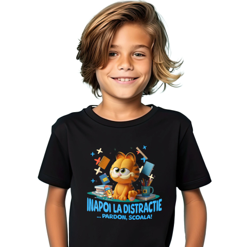 Educatie - Tricou Copii cu Cu Garfield, Scoala Devine Amuzanta 100% Bumbac, Negru, 12 Ani