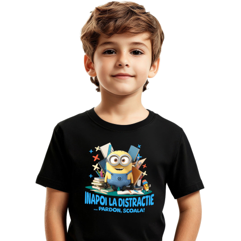 Tricou Copii cu Cu Minions, Invatarea E Haiosa 100% Bumbac, Negru, 12 Ani [1]