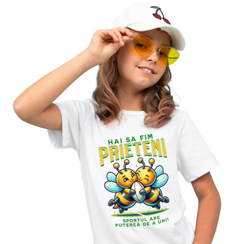 Copii Unisex - 4 Ani - Tricou Copii cu Cuplu Albine Fericite Minge De Fotbal American Supereroi Personaje cu imprimeu pe Fata, 100% Bumbac, Alb, 4 Ani