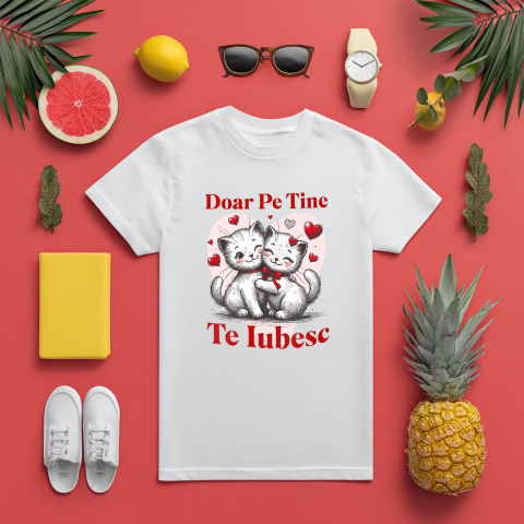 Tricou Femei, Barbati, Copii, Fata, Baiat, Unisex Personalizat Cuplu Pisici Albe Îndrăgostite cu Mesaj „Doar pe Tine Te Iubesc” – Cadou Personalizat pentru Valentine's Day [4]