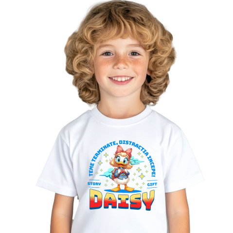 Tricou Copii cu Daisy – Lectii Gata, Distractie Pornita 100% Bumbac, Alb, 12 Ani [1]