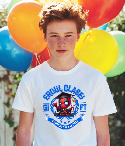 Tricou Copii cu  Deadpool – Curaj, Joaca, Cunoastere 100% Bumbac, Alb, 10 Ani [2]